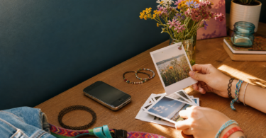 Hands sorting nostalgic printed photos beside an early smartphone and colorful friendship bracelets